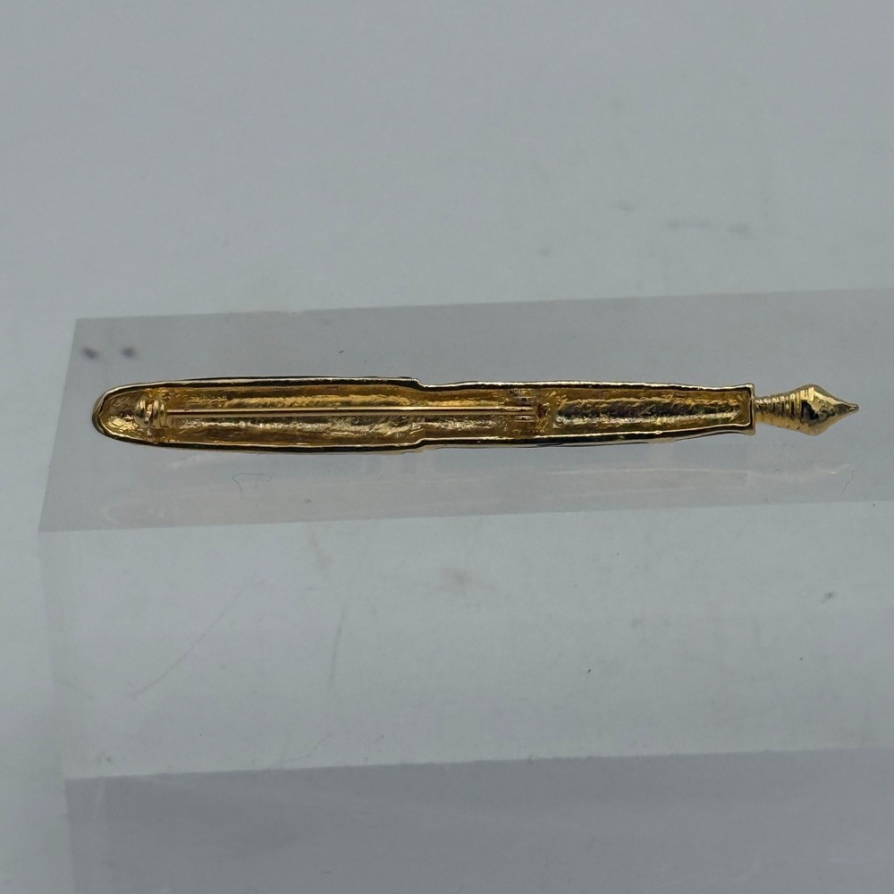 Vintage Black Enamel Fountain Pen Brooch Gold Tone Rhinestone Nib Writer Gift - Picture 2 of 4